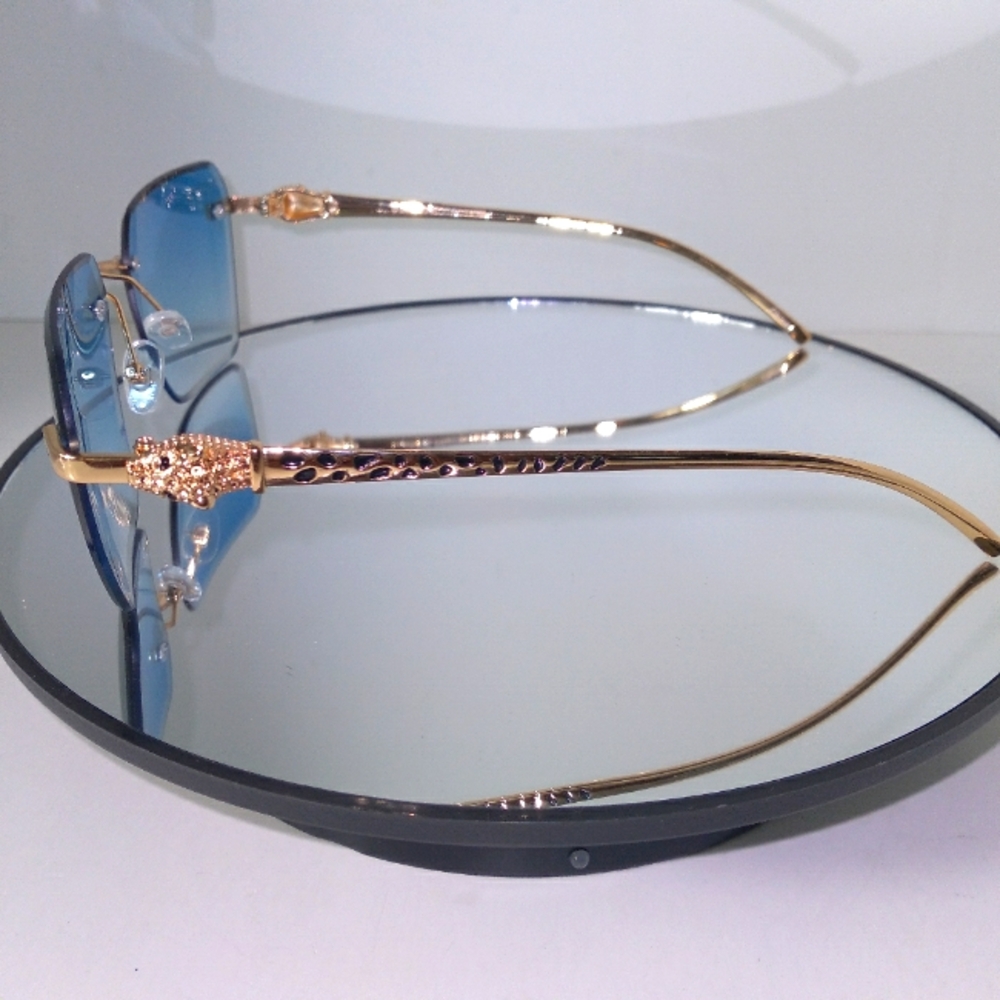 Blue Gradient Lens Gold-Tone Animal Print Design Frame Sunglasses - Picture 2 of 7